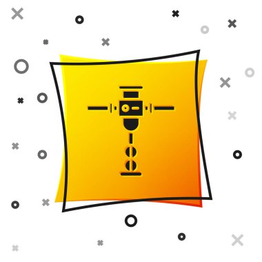 Siyah İnşaat kaya matkabı ikonu beyaz arka planda izole edilmiş. Sarı kare düğme. Vektör İllüstrasyonu