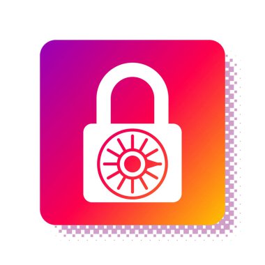 Beyaz kasa şifreli kilit tekeri simgesi beyaz arkaplanda izole edildi. Kombinasyon asma kilit. Güvenlik, güvenlik, koruma, şifre, gizlilik. Kare renk düğmesi. Vektör İllüstrasyonu