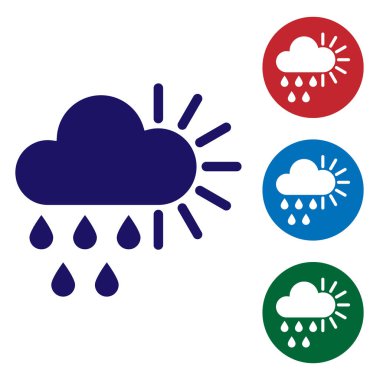 Beyaz zemin üzerinde yağmur ve güneş ikonu olan mavi bulutlu. Yağmur damlaları ile yağmur bulutu yağışı. Renk simgelerini daire düğmelerine ayır. Vektör İllüstrasyonu