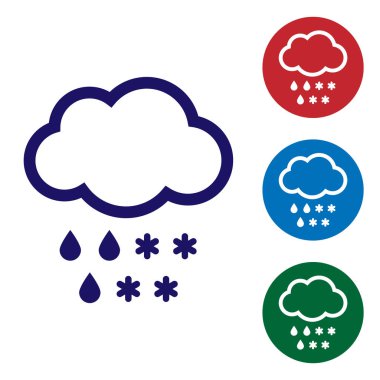 Beyaz zemin üzerinde kar ve yağmur ikonu olan Mavi Bulut. Hava durumu simgesi. Renk simgelerini daire düğmelerine ayır. Vektör İllüstrasyonu