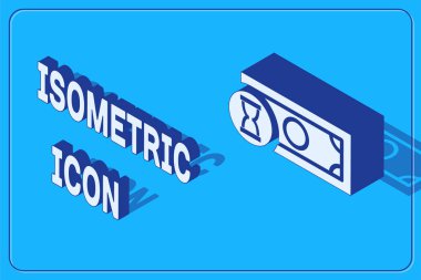 Isometric Hızlı Ödemeler simgesi mavi arkaplanda izole edildi. Hızlı para transferi ödemesi. Finansal hizmetler, hızlı kredi, zaman para, nakit iade konsepti. Vektör İllüstrasyonu