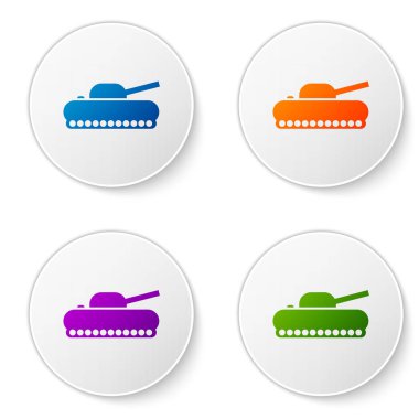 Beyaz arka planda izole edilmiş renkli askeri tank simgesi. Simgeleri daire düğmelerine ayır. Vektör İllüstrasyonu