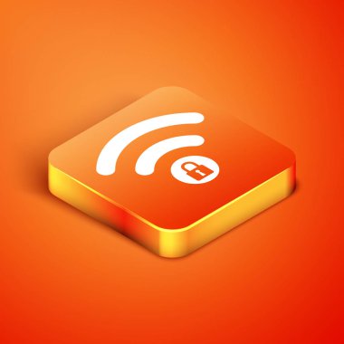 Isometric Wiifi turuncu arka planda izole edilmiş işaret simgesini kilitledi. Şifre kablosuz ağ sembolü. Kablosuz ağ simgesi. Karı bölgesi. Vektör İllüstrasyonu