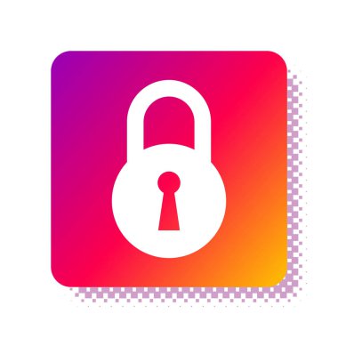 Beyaz arka planda Beyaz Kilit simgesi izole edildi. Asma kilit işareti. Güvenlik, güvenlik, koruma, gizlilik kavramı. Kare renk düğmesi. Vektör İllüstrasyonu