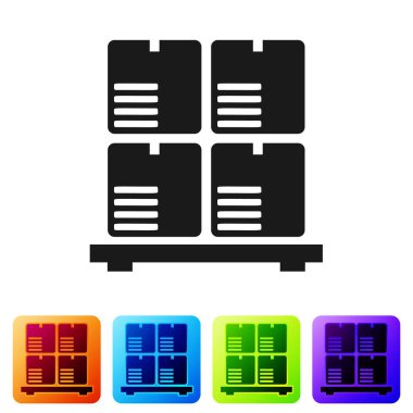 Palet simgesindeki siyah karton kutular beyaz arkaplanda izole edilmiş. Kırılgan işaretli kapalı karton teslimat kutusu. Renkli kare düğmelerle simgeleri ayarla. Vektör İllüstrasyonu