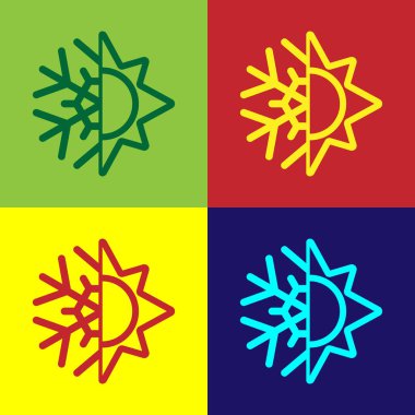 Color Hot ve Cold sembolü. Arkaplanda güneş ve kar tanesi simgesi izole edildi. Kış ve yaz sembolü. Vektör İllüstrasyonu