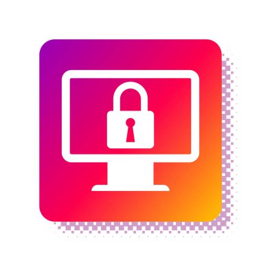 Beyaz arka planda bilgisayar monitörü simgesinde beyaz kilit izole edildi. Monitör ve asma kilit. Güvenlik, güvenlik, koruma kavramı. Güvenli bir ağ. Kare renk düğmesi. Vektör İllüstrasyonu