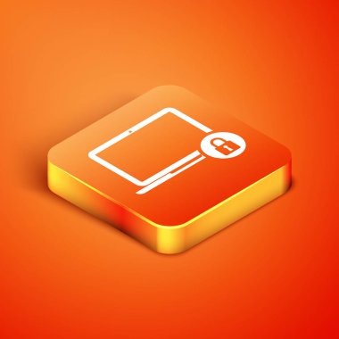 İzometrik dizüstü bilgisayar ve kilit simgesi turuncu arka planda izole edildi. Bilgisayar ve asma kilit. Güvenlik, güvenlik, koruma kavramı. Güvenli bir ağ. Vektör İllüstrasyonu