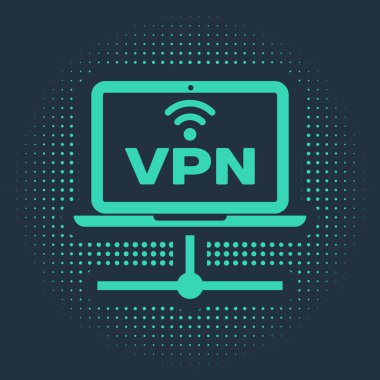 Mavi arkaplanda yeşil Vpn Bilgisayar ağı simgesi izole edildi. Laptop ağı. İnternet bağlantısı. Soyut çember rastgele noktalar. Vektör İllüstrasyonu