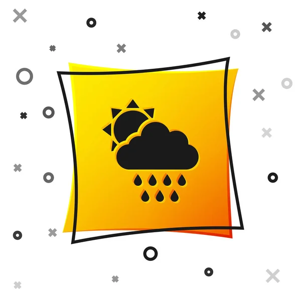 Zwarte Wolk met regen en zon pictogram geïsoleerd op witte achtergrond. Regenwolk neerslag met regendruppels. Gele vierkante knop. Vector Illustratie — Stockvector