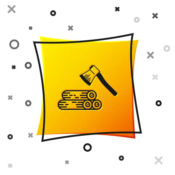 Black Wooden axe and wood icon isolated on white background. Lumberjack axe. Yellow square button. Vector Illustration — Stock Vector