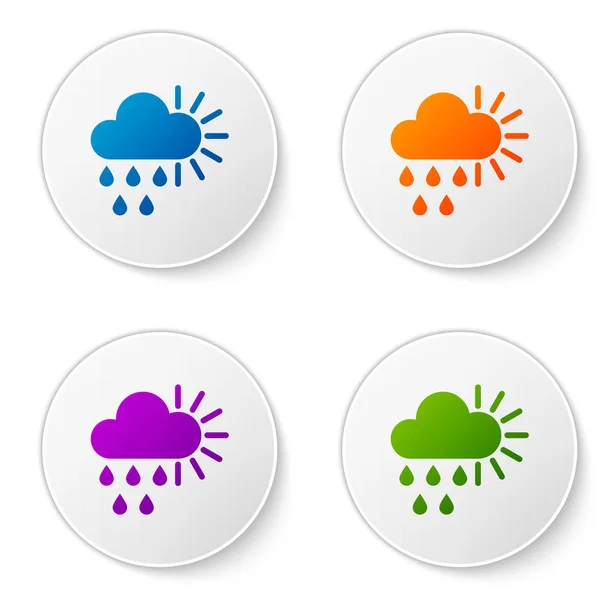 Colore Nuvoloso con pioggia e icona solare isolata su sfondo bianco. Pioggia precipitazioni nuvolose con gocce di pioggia. Imposta le icone nei pulsanti del cerchio. Illustrazione vettoriale — Vettoriale Stock