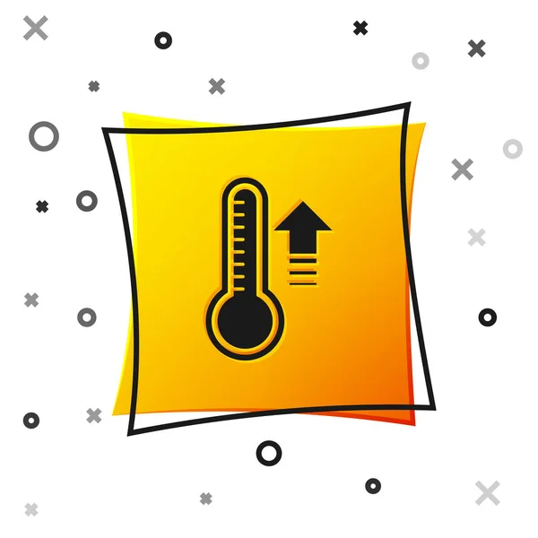 Czarny termometr meteorologiczny mierzący ciepło i zimną ikonę izolowany na białym tle. Urządzenia termometryczne pokazujące gorącą lub zimną pogodę. Żółty, kwadratowy przycisk. Ilustracja wektora — Wektor stockowy