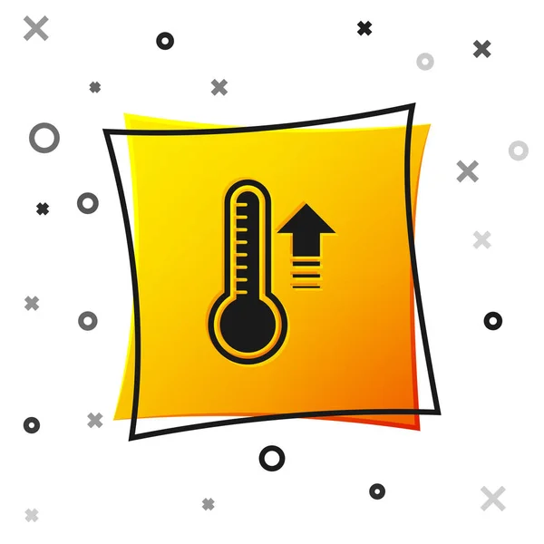 Termometro Meteorologia nera che misura il calore e l'icona a freddo isolata su sfondo bianco. Apparecchiatura termometrica che mostra tempo caldo o freddo. Pulsante quadrato giallo. Illustrazione vettoriale — Vettoriale Stock