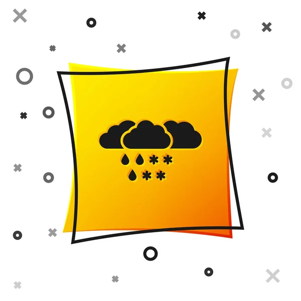 Black Cloud with snow and rain icon isolated on white background. Weather icon. Yellow square button. Vector Illustration — Stock Vector