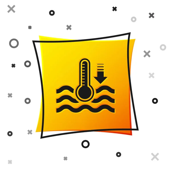 黒水温度計は、白い背景に隔離された熱と冷たいアイコンを測定します。高温または低温を示す温度計機器。黄色い四角形のボタン。ベクターイラスト — ストックベクタ
