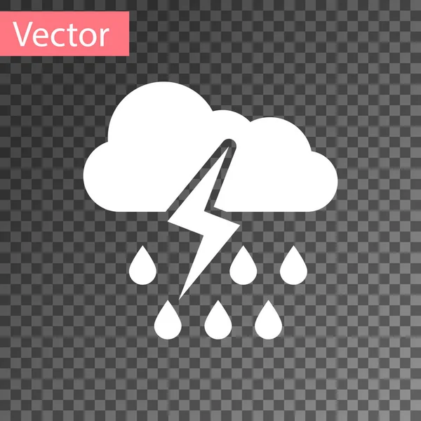 Nuage blanc avec la pluie et l'icône de la foudre isolé sur fond transparent. Précipitations de nuages de pluie avec gouttes de pluie.Icône météorologique de la tempête. Illustration vectorielle — Image vectorielle