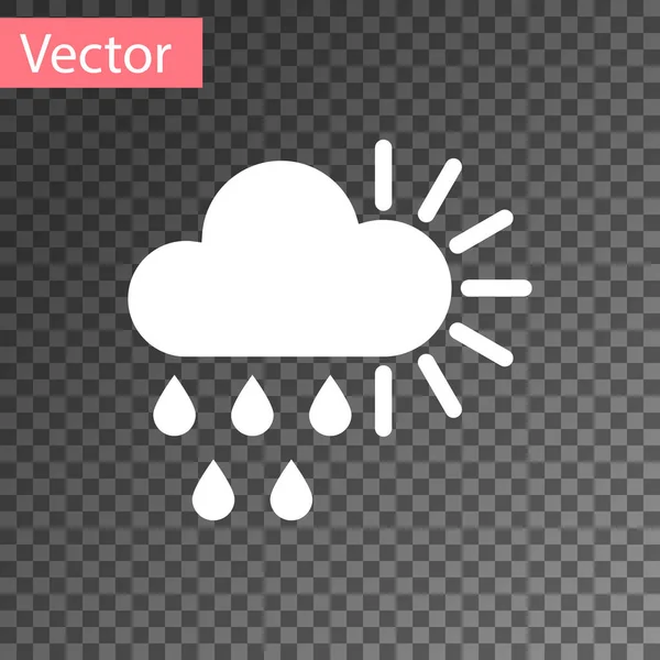 Белая облачность с дождем и солнцем на прозрачном фоне. Осадки дождевых облаков с капельками дождя. Векторная миграция — стоковый вектор
