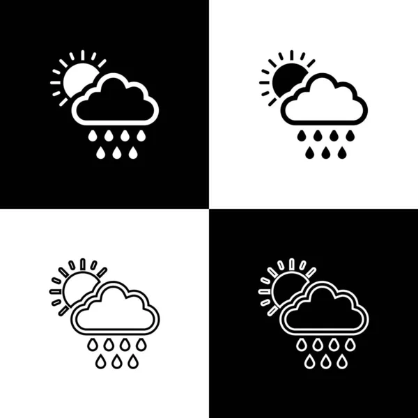 Untergegangene Wolke mit Regen- und Sonnensymbol isoliert auf schwarz-weißem Hintergrund. Regenwolken Niederschlag mit Regentropfen. Vektorillustration — Stockvektor