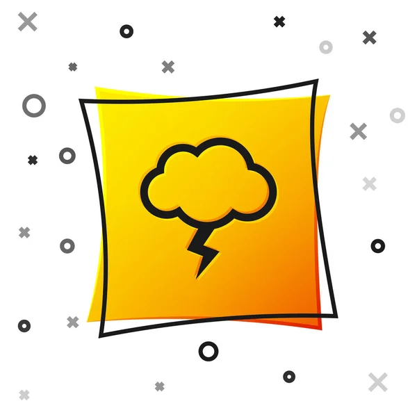 Icono de tormenta negra aislado sobre fondo blanco. Nube y relámpago. Icono del tiempo de tormenta. Botón cuadrado amarillo. Ilustración vectorial — Archivo Imágenes Vectoriales