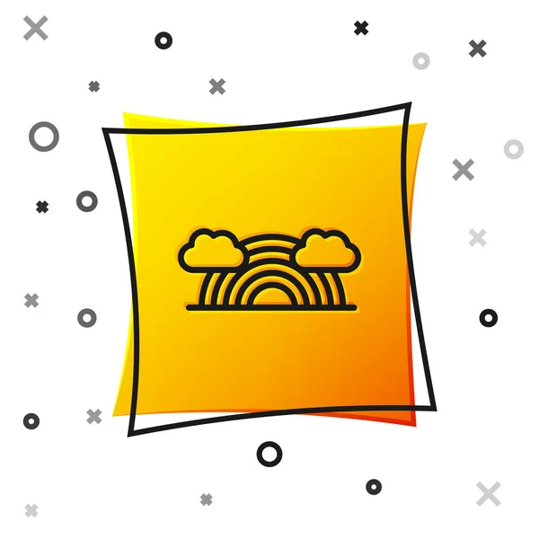 Schwarzer Regenbogen mit Wolkensymbol auf weißem Hintergrund. gelber quadratischer Knopf. Vektorillustration — Stockvektor