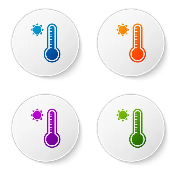 彩色气象温度计测量在白色背景下隔离的冷热图标。 显示炎热或寒冷天气的温度计设备。 在圆形按钮中设置图标。 病媒图解 — 图库矢量图片
