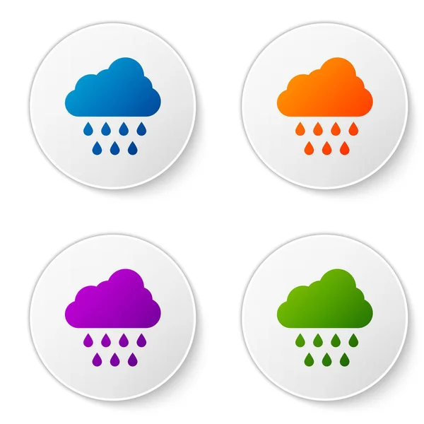 Farbwolke mit Regensymbol auf weißem Hintergrund. Regenwolken Niederschlag mit Regentropfen. setzen Sie Symbole in Kreis-Buttons. Vektorillustration — Stockvektor