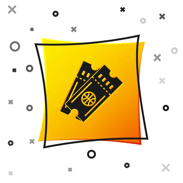 Black Basketball game ticket icon isolated on white background (en inglés). Botón cuadrado amarillo. Ilustración vectorial — Archivo Imágenes Vectoriales