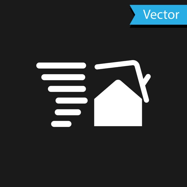 Weiße Tornado-Wirbel beschädigen Hausdächer auf schwarzem Hintergrund. Wirbelsturm, Wirbelsturm, Sturmtrichter, Hurrikan-Windsymbol. Vektorillustration — Stockvektor