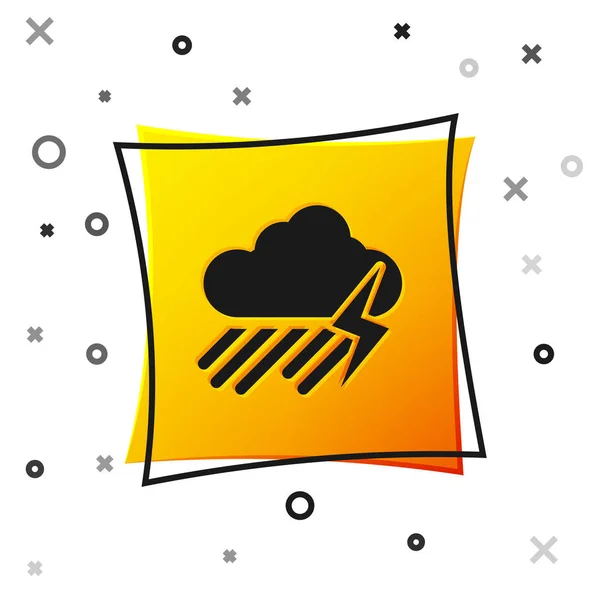 Schwarze Wolke mit Regen und Blitz-Symbol auf weißem Hintergrund. Regenwolken Niederschlag mit Regentropfen. Wettersymbol des Sturms. gelber quadratischer Knopf. Vektorillustration — Stockvektor