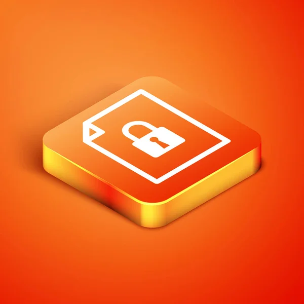 Isometric Document and lock icon isolated on orange background. File format and padlock. Security, safety, protection concept. Vector Illustration — Stock Vector