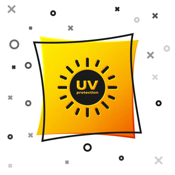 Icona di protezione UV nera isolata su sfondo bianco. Radiazioni ultraviolette. Segno solare SPF. Pulsante quadrato giallo. Illustrazione vettoriale — Vettoriale Stock
