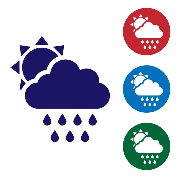Blaue Wolke mit Regen- und Sonnensymbol auf weißem Hintergrund. Regenwolken Niederschlag mit Regentropfen. Farbsymbole in Kreis-Buttons setzen. Vektorillustration — Stockvektor
