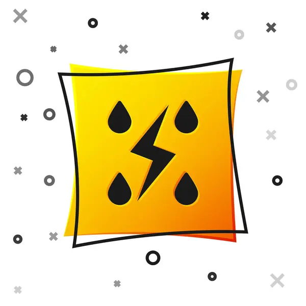 Black Storm icon isolated on white background. Drop and lightning sign. Weather icon of storm. Yellow square button. Vector Illustration — Stock Vector