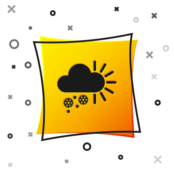 Schwarz bewölkt mit Schnee-Symbol auf weißem Hintergrund. Wolke mit Schneeflocken. einzelnes Wettersymbol. Schneeschild. gelber quadratischer Knopf. Vektorillustration — Stockvektor