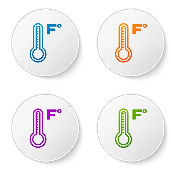 Thermomètre de météorologie couleur mesurant la chaleur et l'icône froide isolé sur fond blanc. Température Fahrenheit. Définir des icônes dans les boutons cercle. Illustration vectorielle — Image vectorielle