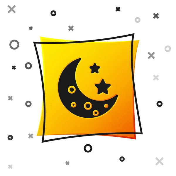 Icono Luna Negra y estrellas aislado sobre fondo blanco. Botón cuadrado amarillo. Ilustración vectorial — Vector de stock