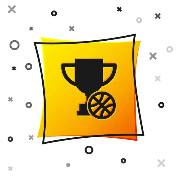 Coupe Black Award avec icône de ballon de basket isolé sur fond blanc. Symbole du trophée gagnant. Trophée de championnat ou compétition. Bouton carré jaune. Illustration vectorielle — Image vectorielle