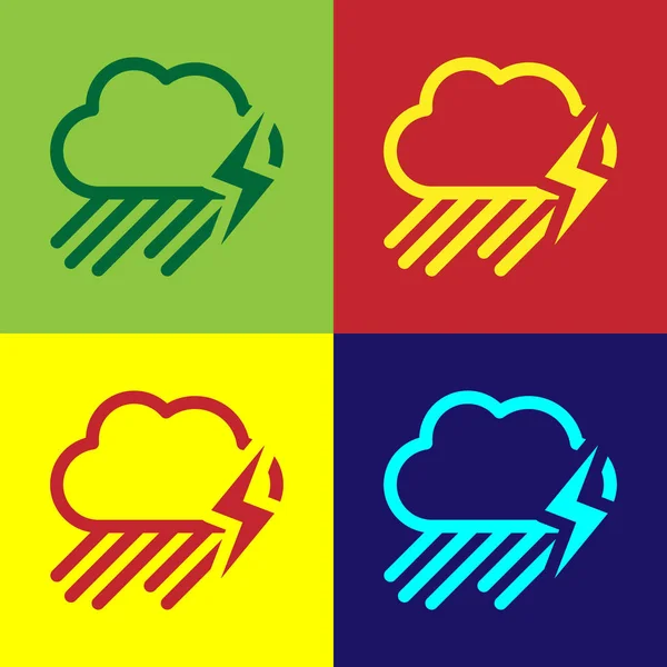 Color Cloud with rain and lightning icon isolated on color background. Rain cloud precipitation with rain drops.Weather icon of storm.  Vector Illustration