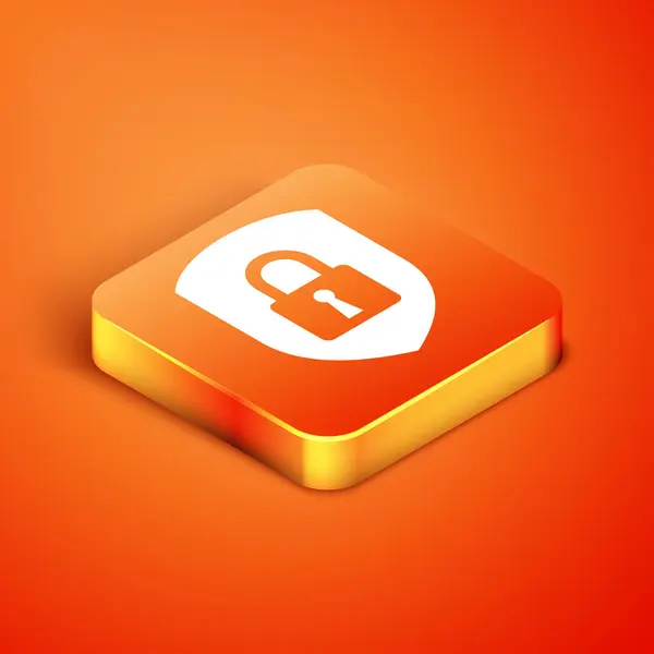 Isometric Shield security with lock icon isolated on orange background. Protection, safety, password security. Firewall access privacy sign. Vector Illustration — Stock Vector