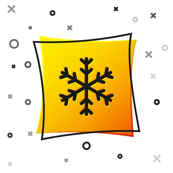 Czarna ikona płatka śniegu odizolowana na białym tle. Żółty, kwadratowy przycisk. Ilustracja wektora — Wektor stockowy