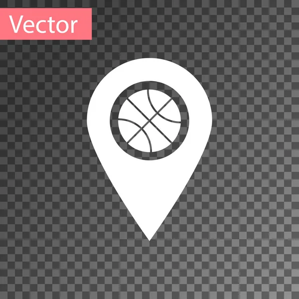 Ubicación blanca con bola de baloncesto dentro del icono aislado sobre fondo transparente. Ilustración vectorial — Vector de stock