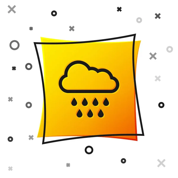 Nube negra con icono de lluvia aislado sobre fondo blanco. precipitación de nubes de lluvia con gotas de lluvia. Botón cuadrado amarillo. Ilustración vectorial — Vector de stock
