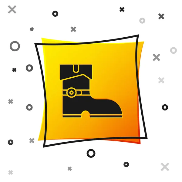 Ícone de botas pirata de couro preto isolado no fundo branco. Botão quadrado amarelo. Ilustração vetorial — Vetor de Stock