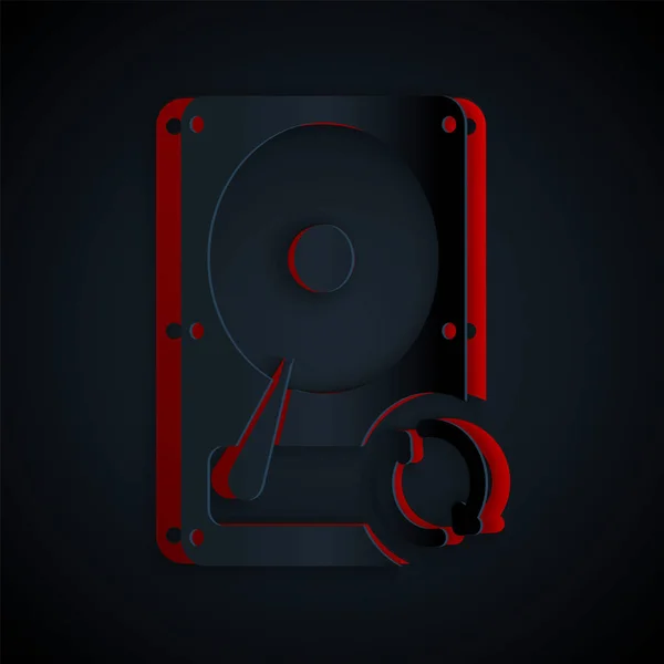 Paper cut Hard disk drive HDD sync refresh icon isolated on black background. Paper art style. Vector Illustration — ストックベクタ