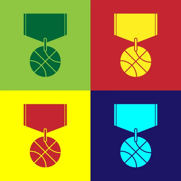 カラーの背景にリボンアイコンが隔離されたカラーバスケットボールメダル ベクターイラスト — ストックベクタ