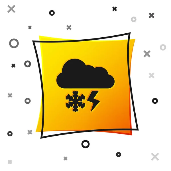 Black Cloud with snow and lightning icon isolated on white background. Cloud with snowflakes. Single weather icon. Snowing sign. Yellow square button. Vector Illustration — Stock Vector