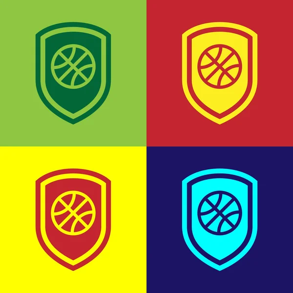 色の背景に隔離されたアイコン内のバスケットボールボールのカラーシールド ベクターイラスト — ストックベクタ