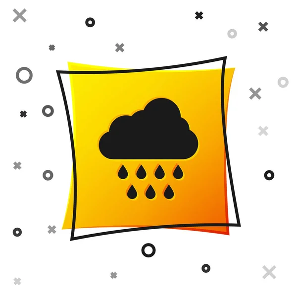 Чорна хмара з піктограмою дощу ізольована на білому тлі. Дощ хмарно з краплями дощу. Жовта квадратна кнопка. Векторна ілюстрація — стоковий вектор
