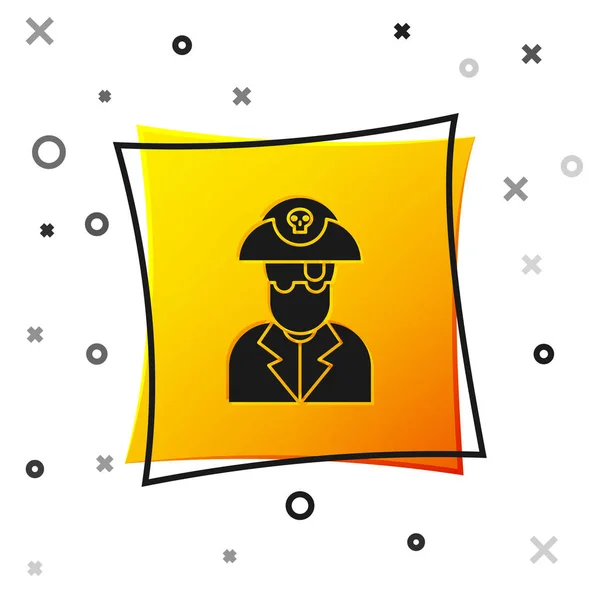 Icono de capitán pirata negro aislado sobre fondo blanco. Botón cuadrado amarillo. Ilustración vectorial — Archivo Imágenes Vectoriales